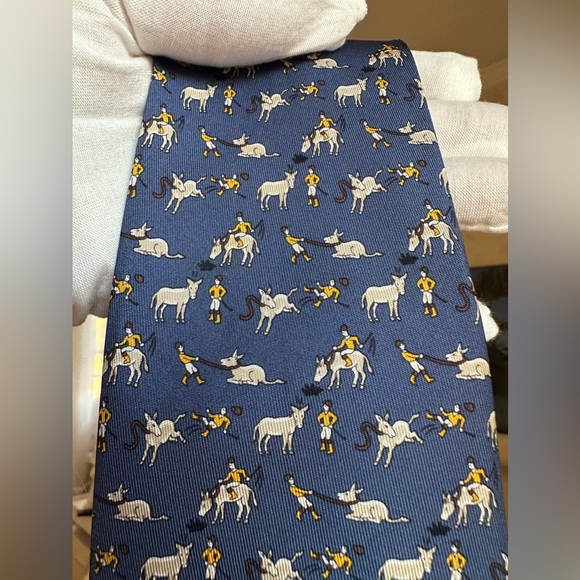 Hermes . Blue Tie with Donkey and Jockey Print. Made it France. 100% silk. - Picture 6 of 11